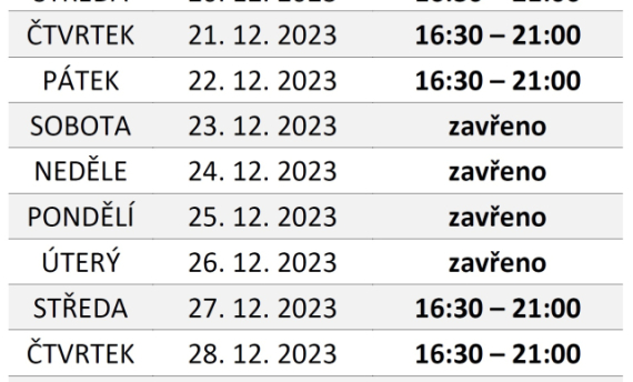 Otevírací doba občerstvení U Vagónu o svátcích