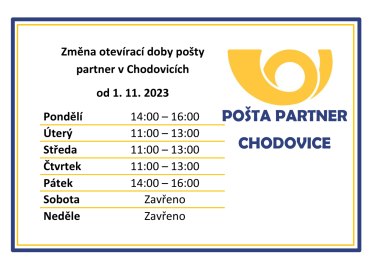 Nová otevírací doba pošty partner v Chodovicích