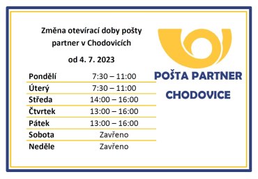 Změna otevírací doby pošty v Chodovicích od 4. 7. 2023