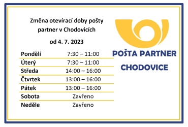 Změna otevírací doby pošty v Chodovicích od 4. 7. 2023