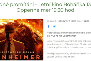 Mimořádné promítání - Letní kino Boháňka 13.09.2023 Oppenheimer 19:30 hod