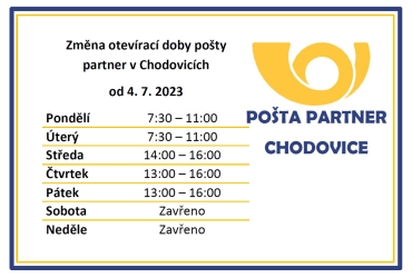 Změna otevírací doby pošty v Chodovicích od 4. 7. 2023 Změna otevírací doby pošty v Chodovicích od 4. 7. 2023